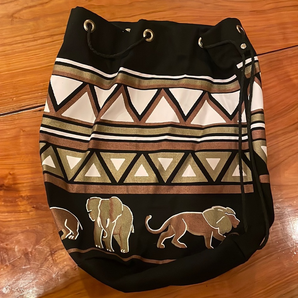 Tribal African travel drawstring bag Botswana with Tags large. Unisex. Foldsdown